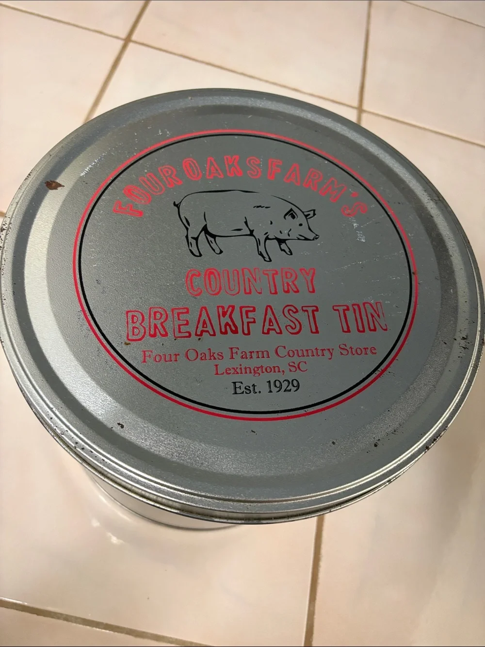 Vintage Country Breakfast Tin - Silver with Red Accent